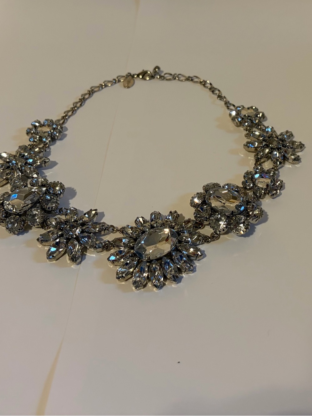 White House Black Market Silver Crystal Floral Statement Necklace